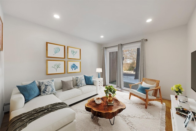 living room with a baseboard radiator and wood-type flooring