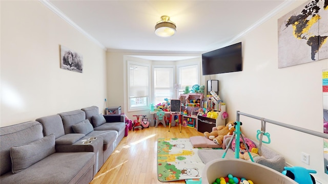 game room featuring crown molding and hardwood / wood-style flooring