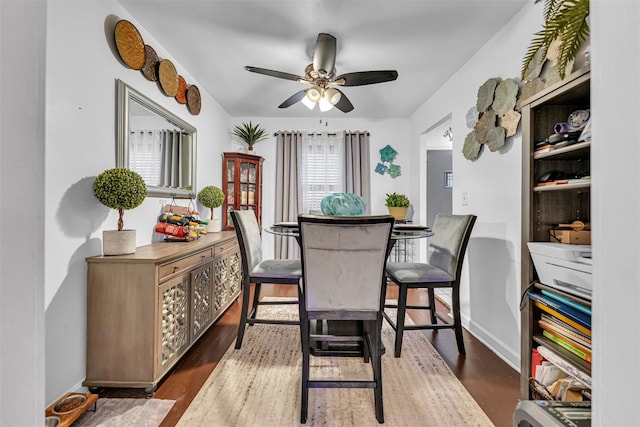 dining room with ceiling fan and dark hardwood / wood-style floors