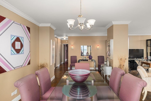 dining space featuring ornamental molding, dark hardwood / wood-style floors, and a chandelier