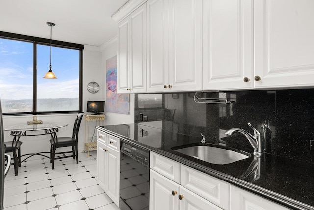 kitchen featuring crown molding, black dishwasher, sink, and white cabinets