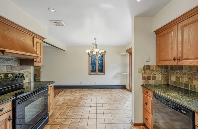 kitchen featuring light tile patterned flooring, decorative light fixtures, electric range, dishwasher, and backsplash