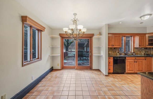 kitchen with decorative light fixtures, dishwasher, sink, backsplash, and an inviting chandelier