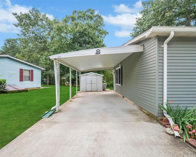 view of parking / parking lot featuring a lawn and a carport