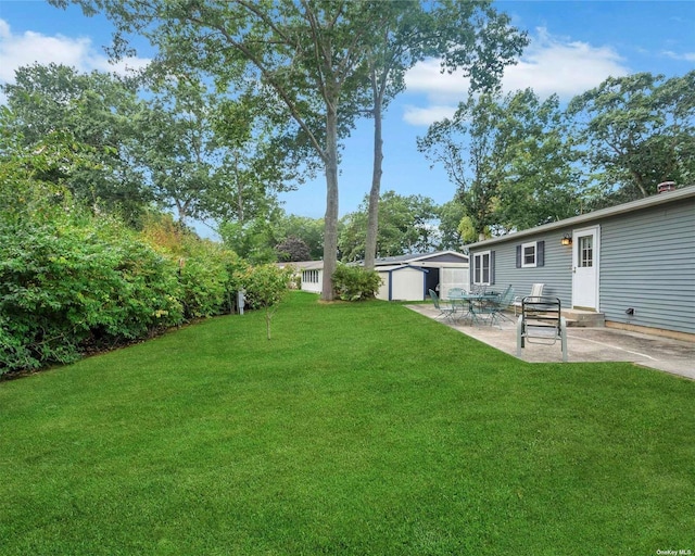 view of yard with a storage shed and a patio area