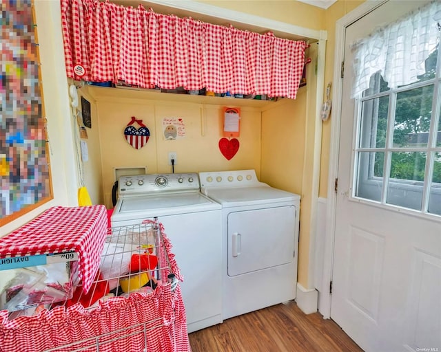 clothes washing area featuring wood-type flooring and independent washer and dryer