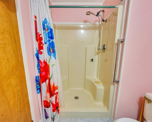 bathroom with toilet and a shower with shower curtain