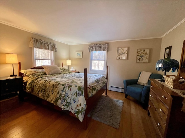 bedroom featuring a baseboard heating unit, crown molding, and dark wood-type flooring