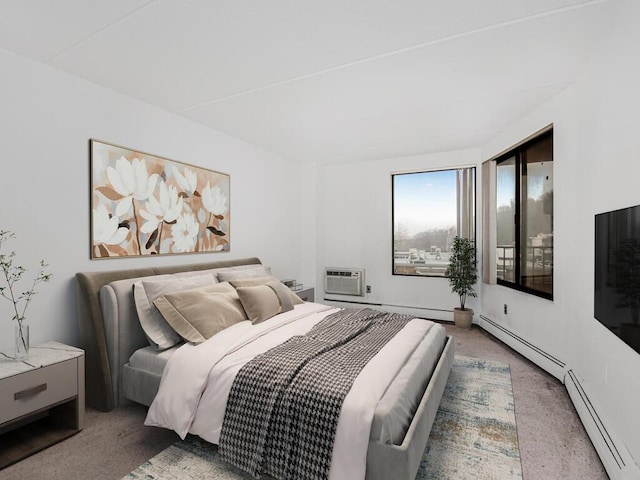 bedroom featuring a baseboard heating unit, light colored carpet, and a wall mounted AC