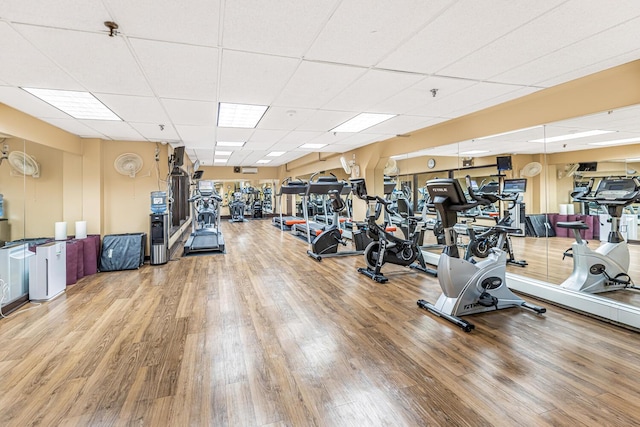 gym featuring wood-type flooring and a paneled ceiling