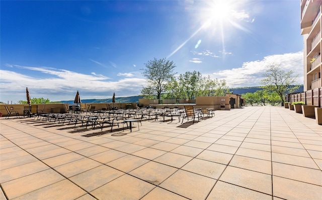 view of patio featuring a mountain view