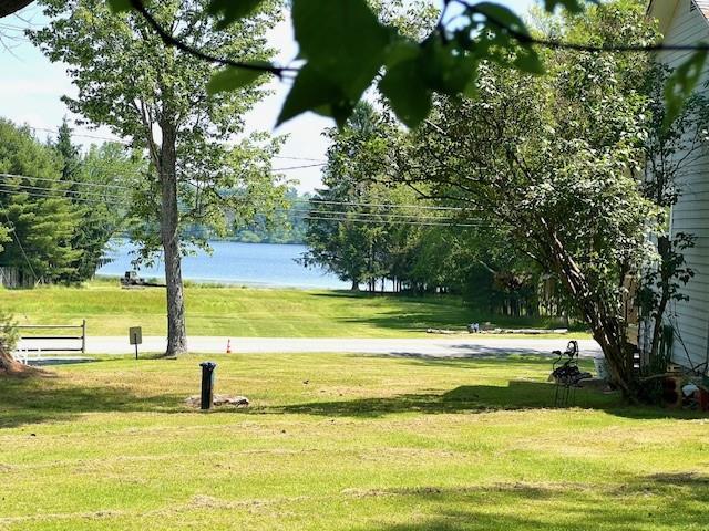 view of property's community with a water view and a yard