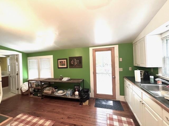 interior space with lofted ceiling, sink, plenty of natural light, dark hardwood / wood-style flooring, and white cabinets