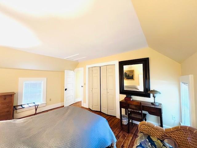 bedroom featuring lofted ceiling, dark wood-type flooring, and a closet