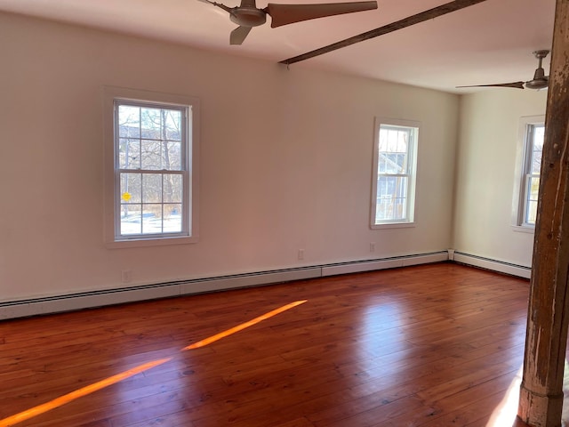 unfurnished room with dark hardwood / wood-style flooring, a baseboard heating unit, and ceiling fan