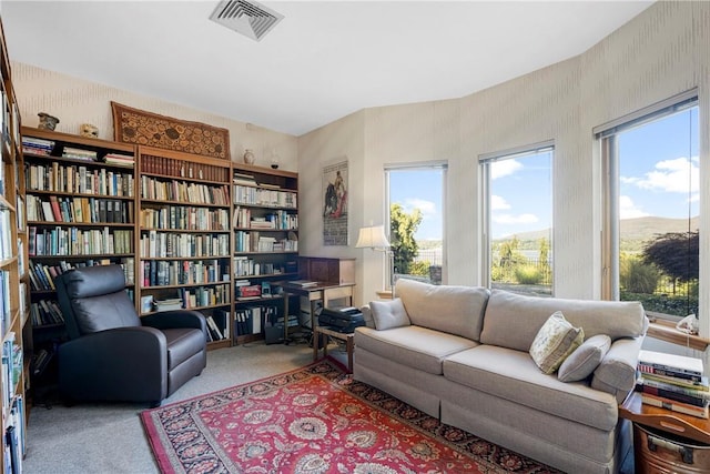 living area featuring carpet floors