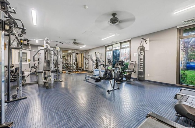 gym featuring plenty of natural light and ceiling fan