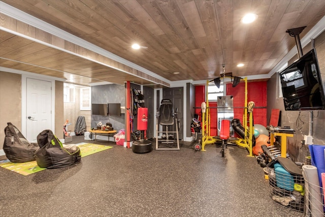 basement with ornamental molding and wooden ceiling