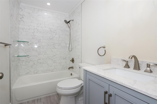 full bathroom with vanity, toilet, tiled shower / bath combo, and wood-type flooring