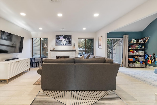 living room with a fireplace