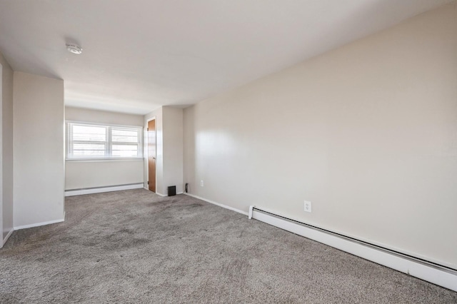 carpeted spare room featuring a baseboard radiator