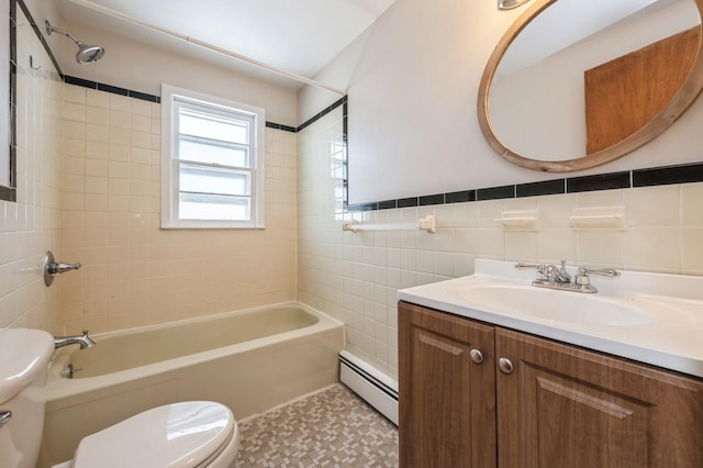 full bathroom featuring tiled shower / bath combo, a baseboard radiator, tile walls, and toilet