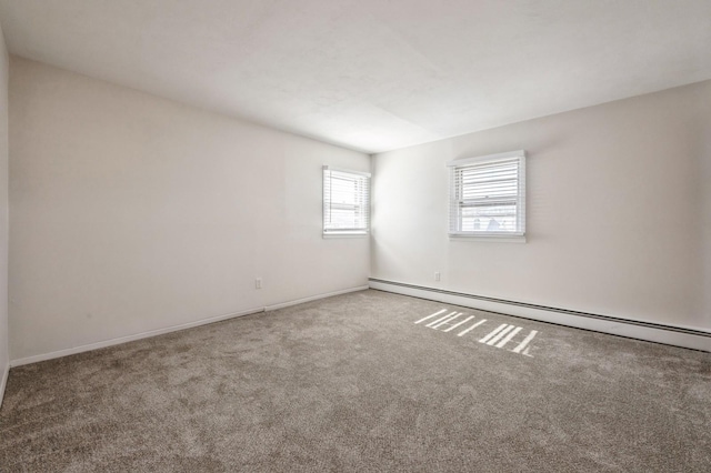 unfurnished room with carpet flooring and baseboard heating