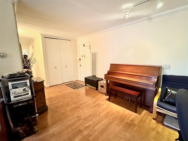 miscellaneous room with crown molding, rail lighting, and light wood-type flooring