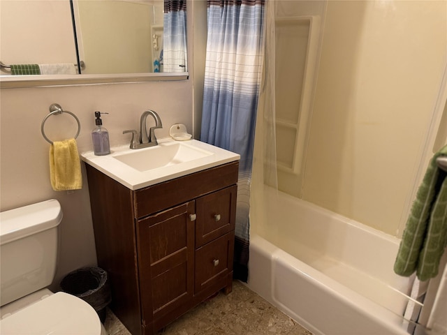 full bathroom featuring vanity, toilet, and shower / bathtub combination with curtain