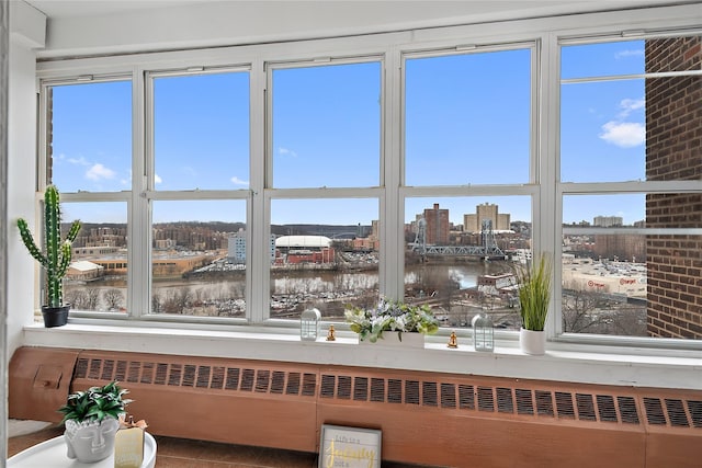 interior details with a water view and radiator