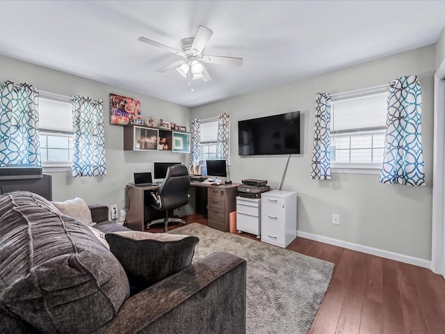 office space featuring a wealth of natural light, dark wood-type flooring, and ceiling fan