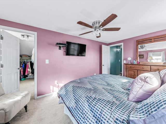 carpeted bedroom with a spacious closet, a closet, and ceiling fan