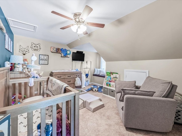 interior space featuring vaulted ceiling and ceiling fan