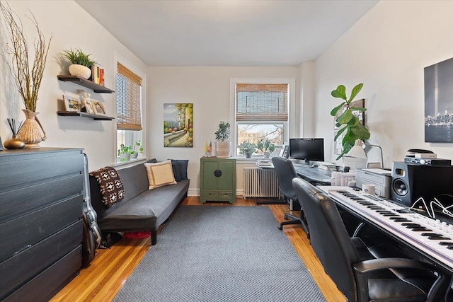 office area featuring radiator and light hardwood / wood-style floors