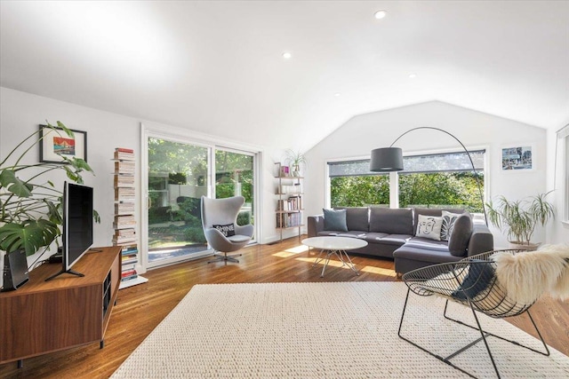 living area featuring vaulted ceiling, a healthy amount of sunlight, and wood finished floors