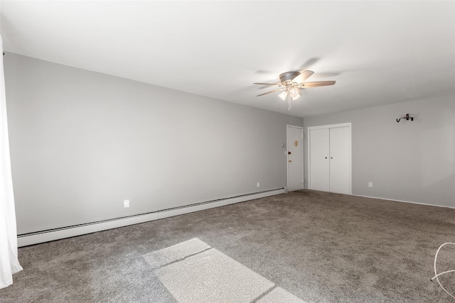 carpeted empty room with a baseboard heating unit and ceiling fan