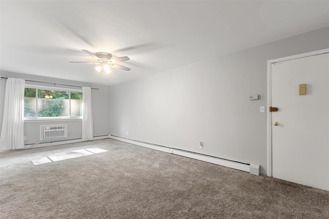 spare room with a baseboard radiator, a wall unit AC, ceiling fan, and carpet flooring