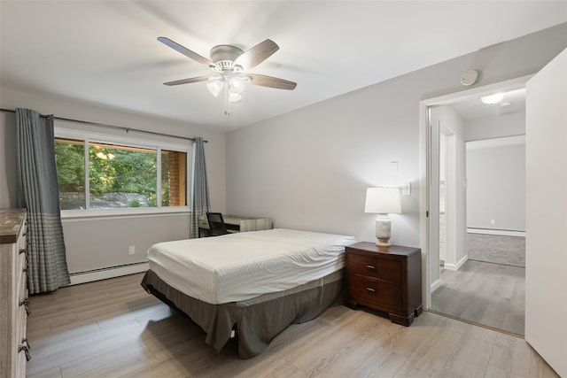 bedroom featuring light hardwood / wood-style flooring, a baseboard radiator, and ceiling fan