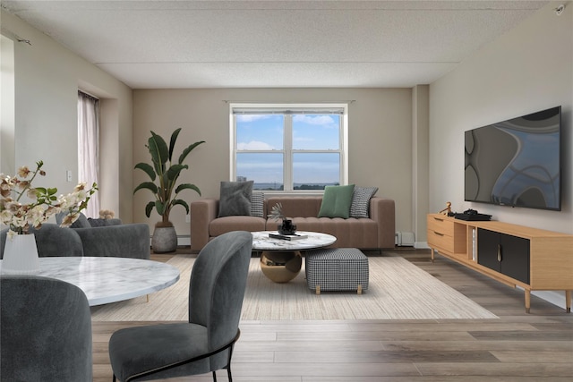 living room with a baseboard radiator, wood-type flooring, and a textured ceiling