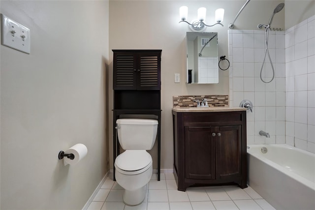 full bathroom featuring vanity, decorative backsplash, tile patterned floors, toilet, and tiled shower / bath