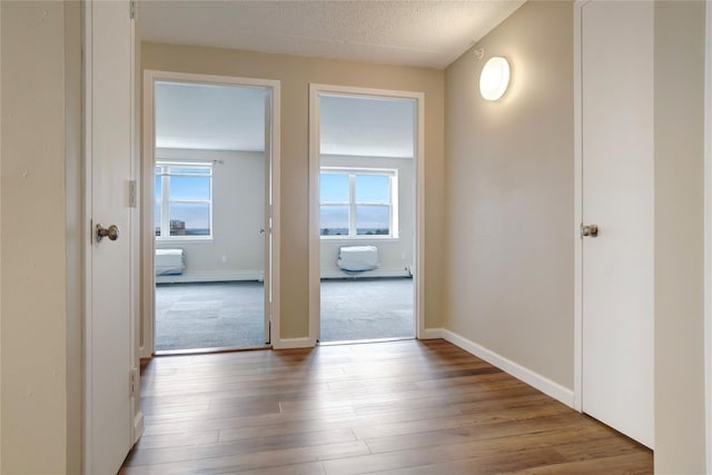 hallway featuring plenty of natural light, a textured ceiling, and light wood-type flooring