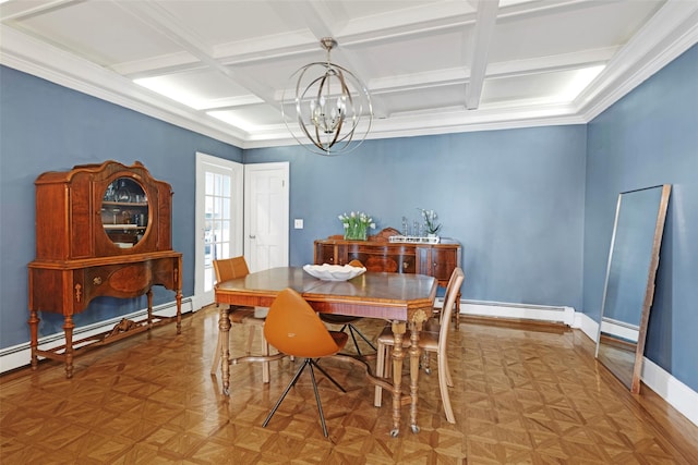 dining room with baseboards, coffered ceiling, a baseboard radiator, an inviting chandelier, and baseboard heating