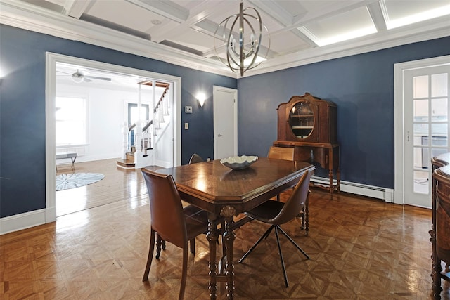 dining room featuring a notable chandelier, a baseboard heating unit, coffered ceiling, baseboards, and stairs