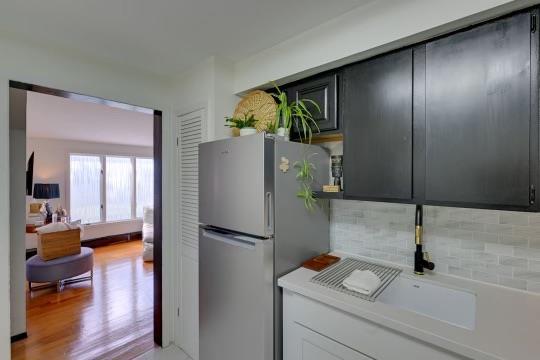 kitchen with light wood-style flooring, light countertops, dark cabinetry, backsplash, and freestanding refrigerator