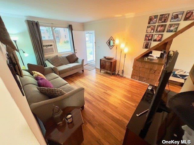 living room featuring hardwood / wood-style floors and crown molding