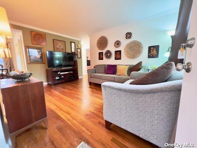 living room featuring crown molding and hardwood / wood-style flooring