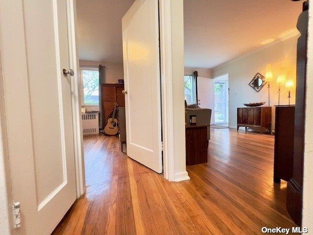 corridor with crown molding, radiator heating unit, and light hardwood / wood-style floors