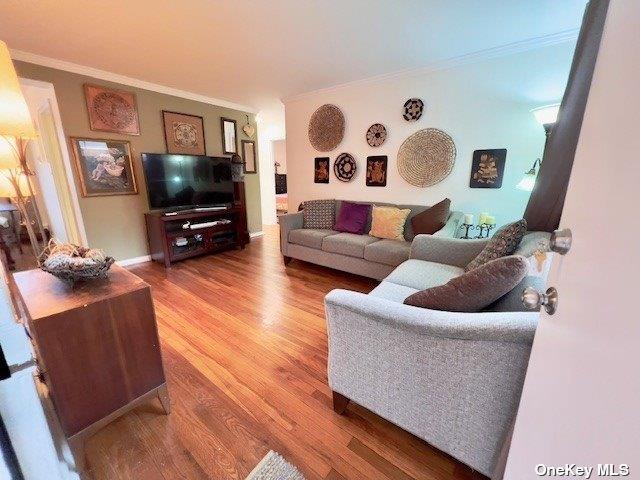 living room featuring hardwood / wood-style flooring and ornamental molding