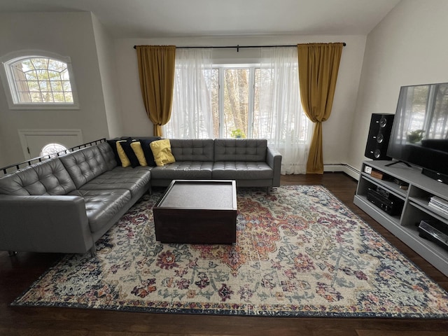 living room with dark wood-type flooring, a wealth of natural light, and baseboard heating