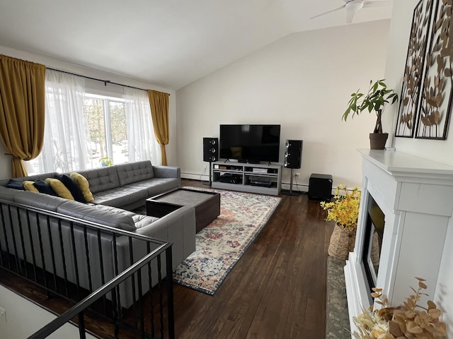1179 E Mombasha Rd, Monroe, NY 10950 - living area with lofted ceiling, a baseboard radiator, dark wood-type flooring, a fireplace, and a ceiling fan